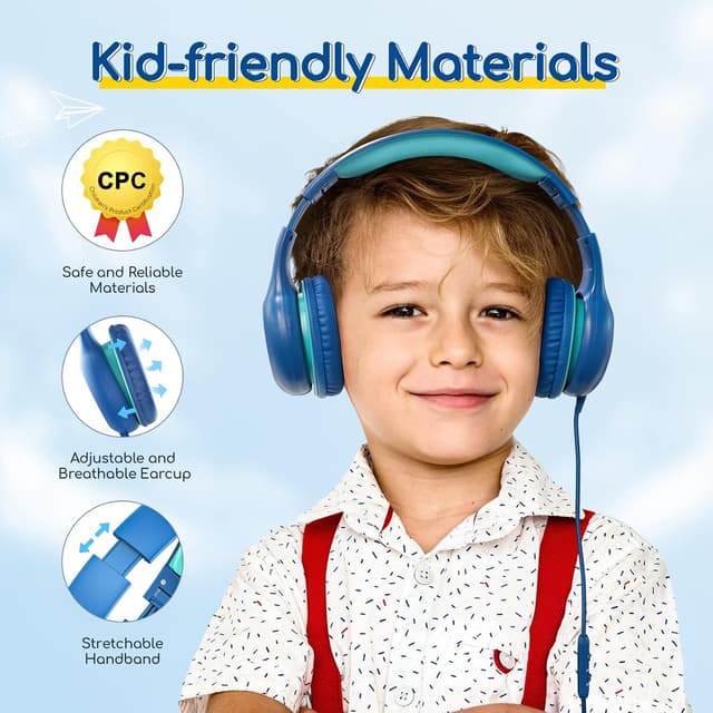 Detalle 2 de EarFun Kids Headphones 3 Pack (Wired) with 85/94dB Volume Limit, Sharing Port & Foldable Fit – Blue/Green