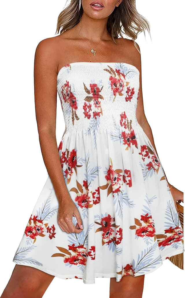 Detalle de Gosunny Damen Sommerkleid schulterfrei ärmellos (Bandeau) – Strand- & Freizeitkleid mit floralem Hawaii-Print