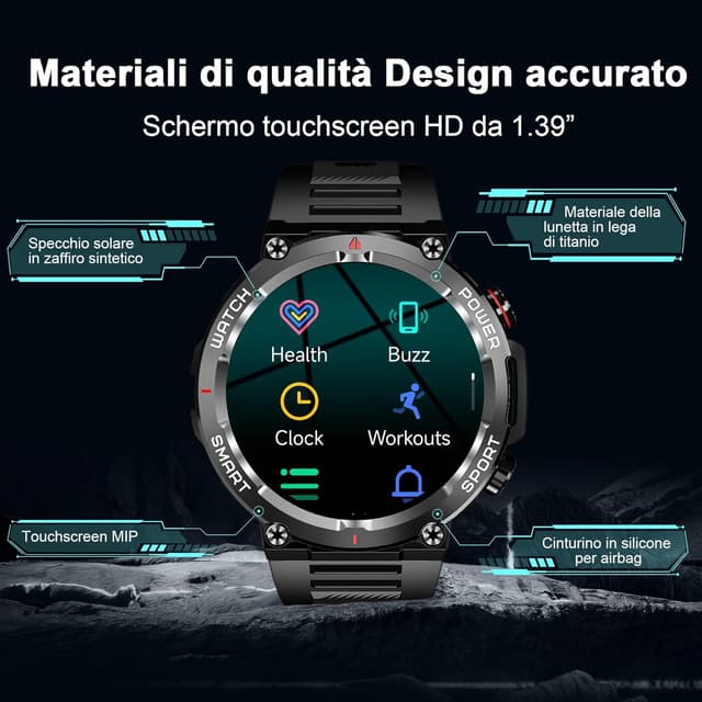 Detalle 2 de IOWODO Smartwatch Uomo con chiamate Bluetooth, cardio, SpO2 e 100+ modalità sport