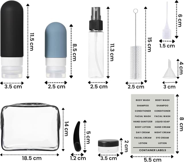 Detalle de Laxen 16 Pack Travel Bottles Set (Black) with TSA/CAA Approved Clear Toiletry Bag