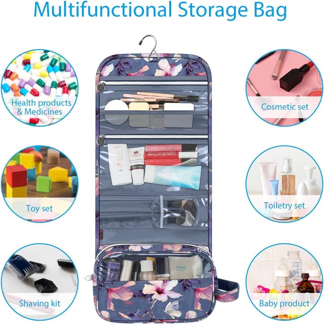 Detalle 2 de Portable Toiletry Travel Wash Bag by FINPAC (Large) – Water-Resistant Hanging Cosmetic Organiser, Blooming Hibiscus