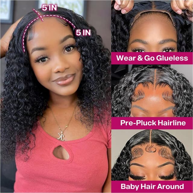 Detalle 2 de Ailwelia Curly Bob Wig (Human Hair Deep Wave) 5x5 HD Lace Glueless, 200% Density, 14 Inch