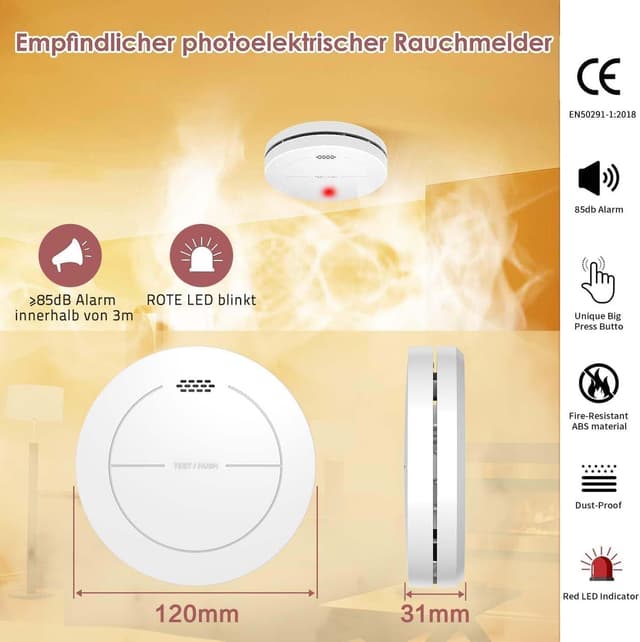 Detalle 2 de Safeliveo Rilevatore di fumo con batteria 10 anni (3-Pack) — allarme silenzioso e senza LED lampeggiante, 85 dB