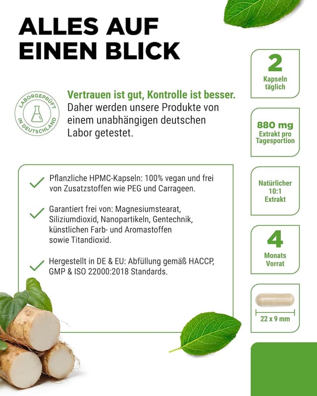 Detalle 2 de Wild Yam Wurzel Extrakt – 240 Kapseln – 880 mg Extrakt täglich (176 mg Diosgenin) – vegan, laborgeprüft