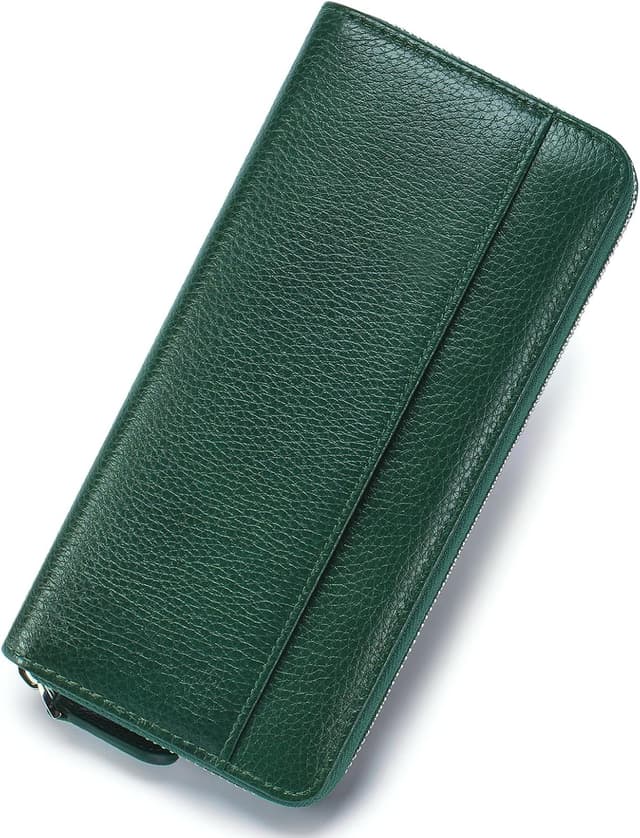 Detalle de SCHLATUM RFID Blocking Women’s Zipper Wallet in Green-dark – Large Capacity Leather Billfold Clutch