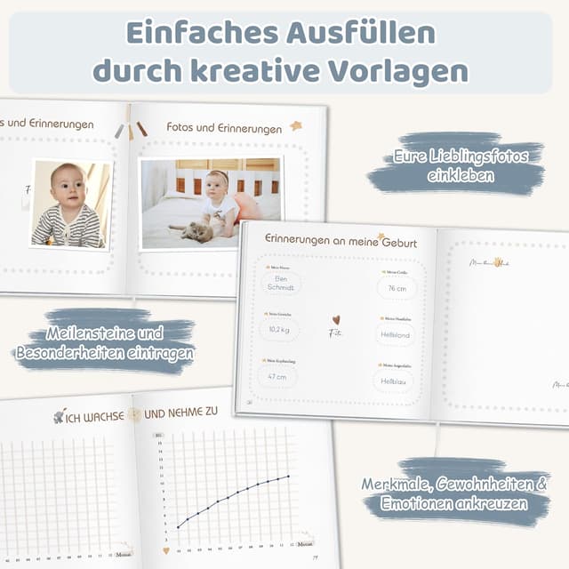 Detalle de Mein erstes Jahr Baby Babyalbum zum Selbstgestalten mit 84 Seiten & Stickern – Erinnerungsbuch für Geburt und Babyparty