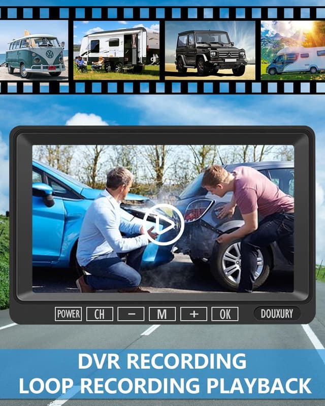 Detalle de DOUXURY RV Backup Camera Wireless System with 7" HD LCD Monitor, IP69 Waterproof 170° Camera + 4-Split Screen