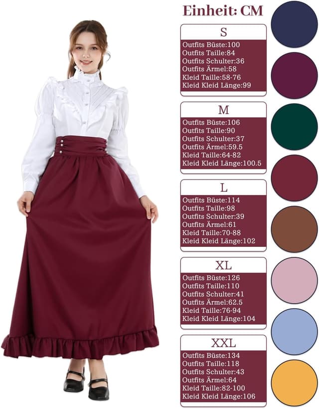 Detalle 2 de CR ROLECOS Mittelalterkleid für Damen (2-teiliges viktorianisches Kostüm) – viktorianische Bluse, Rock & Korsett