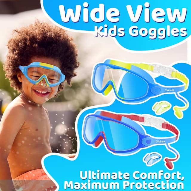 Detalle 2 de Vvinca Kids Swimming Goggles (2 Pack) with Built-in Earplugs, Nose Clip & Anti-Fog UV Protection for Ages 3–15