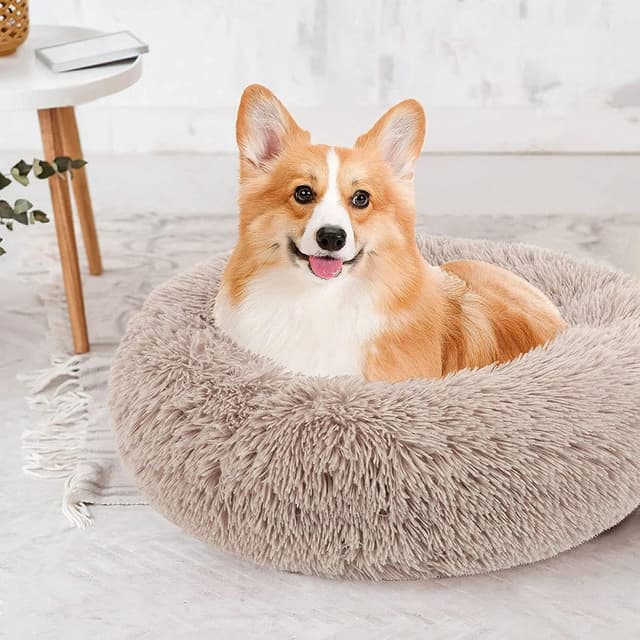 Detalle de Enjamoy Plush Donut Dog Bed (Calming Round) – Soft & Fluffy Self-Warming Pet Cushion, Brown, 70cm