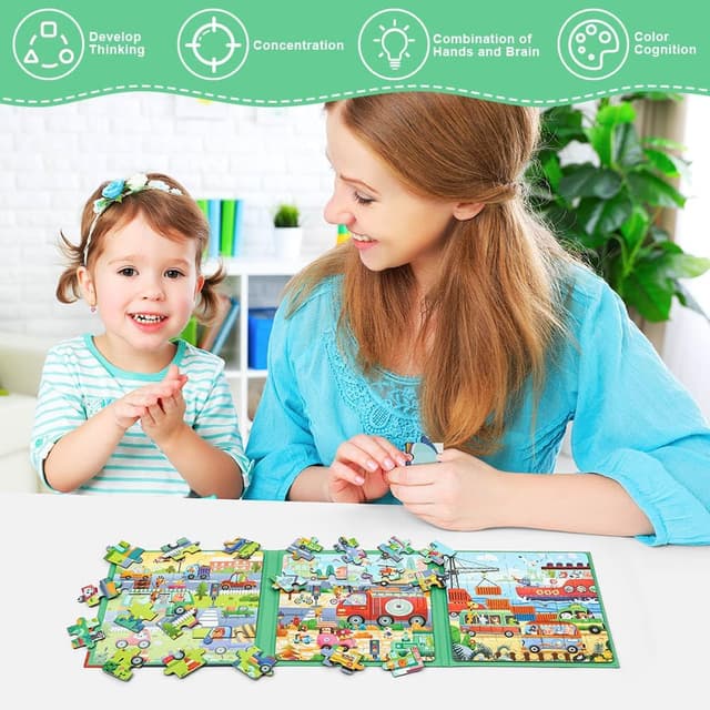 Detalle de Aolso Magnetic Puzzles for Kids (Ages 3–5) – Toddler Travel Jigsaw Book with Traffic Scenes