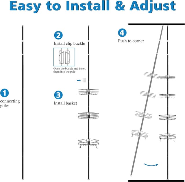 Detalle 2 de KAIMEIYU étagère de douche télescopique sans perçage, noir (85 à 325 cm) avec 4 paniers