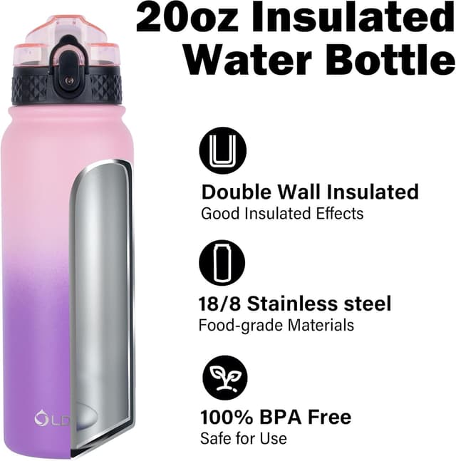 Detalle de OLDLEY 20oz Insulated Stainless Steel Water Bottle (Straw & 3 Lids) in Ombre Pink-Purple