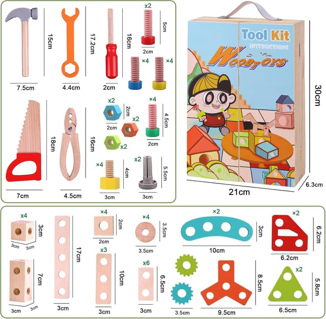 Thumbnail 6 de Wdmiya Wooden Toys Kids Tools Set (65 PCS) for Ages 2+ — Wooden Tool Box Pretend Play