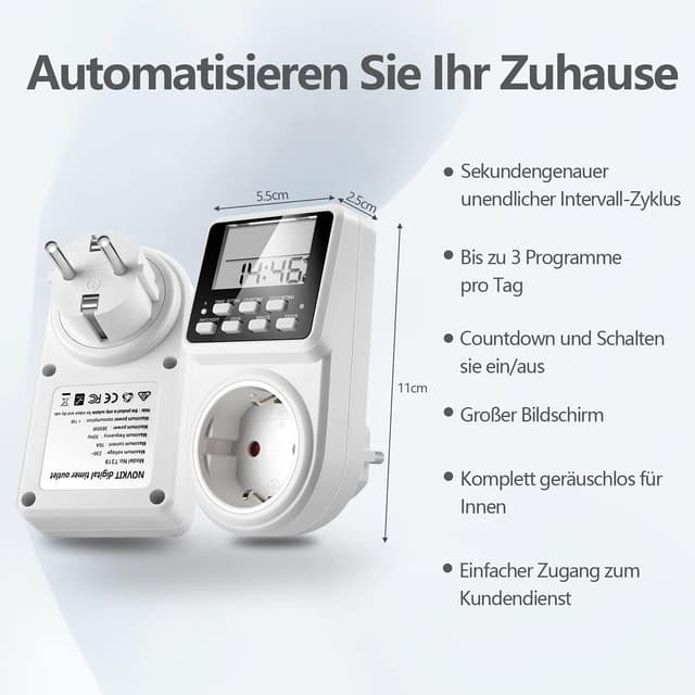 Detalle 2 de NOVKIT Intervall Digitale Zeitschaltuhr Steckdose mit Countdown und 3 Schaltprogrammen (unendlicher Zyklus)