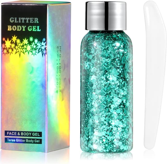 Detalle de Glitter per corpo e viso URAQT: gel chunky verde per musica, festival e maschere