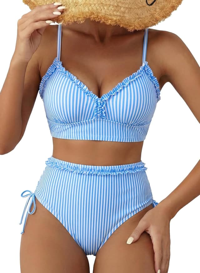 Detalle de Herseas Women’s Splice Ruffle Trim Bikini Set with Tie Side High Waisted Bottom