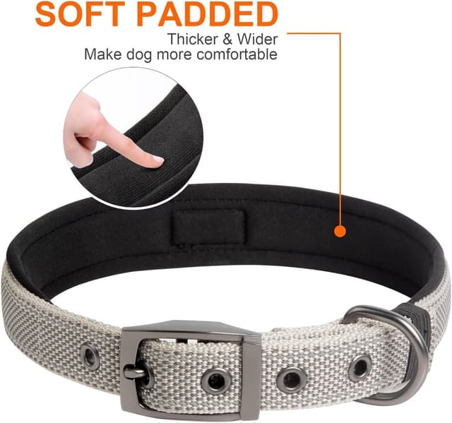 Detalle de Fida Padded Dog Collar with Metal Belt Buckle and Double-Layer Webbing (Grey)