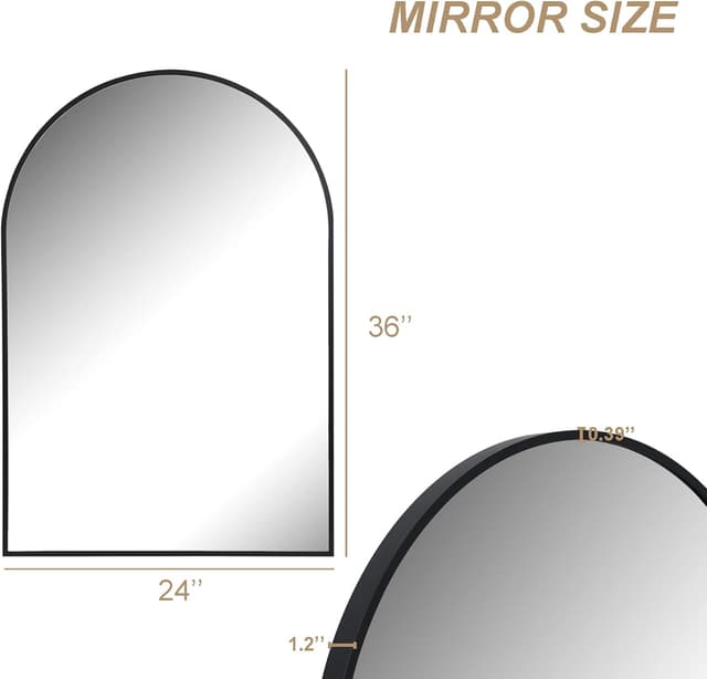 Detalle de Arched Wall Mirror for Bathroom & Vanity, 24x36 Black Metal Frame, Shatterproof Glass