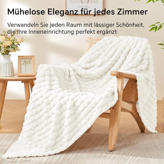 Detalle de BEDELITE Kuscheldecke flauschig aus Flanell 150x200 (Creme/Weiß) als Couch-Überwurf
