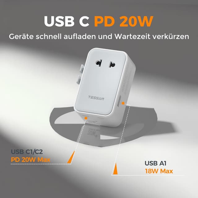 Detalle 1 de TESSAN Reiseadapter Weltweit 20 W