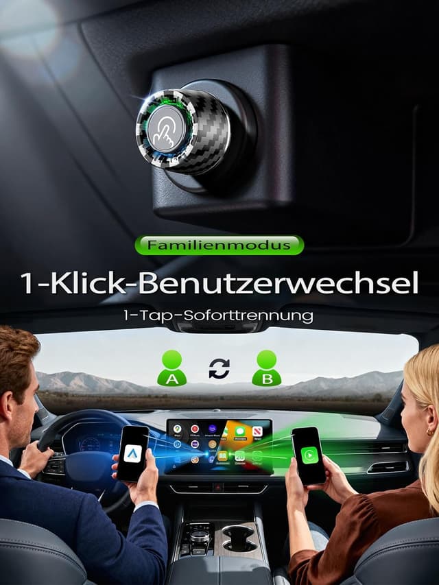 Detalle 2 de Wireless CarPlay/Android Auto Adapter (Ultra Mini, Carbon) mit Ein-Tasten-Wechsel für 2 Phones