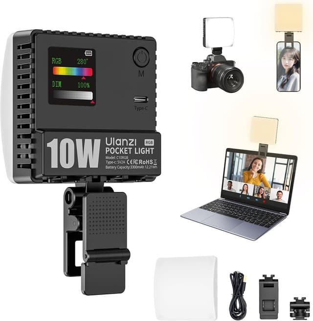Detalle de ULANZI C10RGB 10W Handy Licht mit Clip & Cold-Shoe-Halterung (84 LEDs) – RGB-Vollfarbmodus & 1.800–9.000K