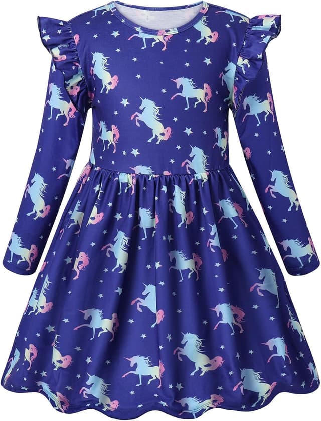 Detalle de VASCHY robe fille en coton imprimé licorne manches longues courtes, 3 à 10 ans