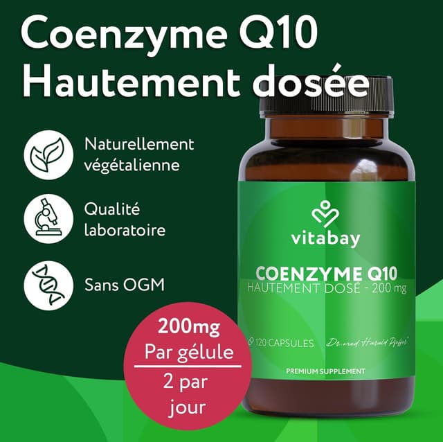 Detalle de vitabay Coenzyme Q10 Ubiquinone 200 mg – 120 capsules végétales, Q10 naturelle fermentée (100% vegan)