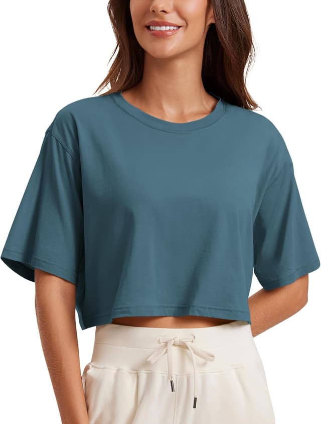 Detalle de CRZ YOGA Women’s Pima Cotton Workout T-Shirt (Short Sleeve Running Crop Top)