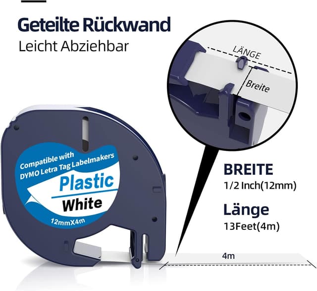 Detalle de 3er-Pack Kunststoff-Etikettenband für Dymo LetraTag, 12 mm (schwarzer Druck auf weiß/klare Schrift auf schwarz)