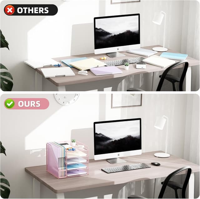 Detalle de Marbrasse Organizer Scrivania a 5 livelli con porta documenti e rete metallica (rosa)