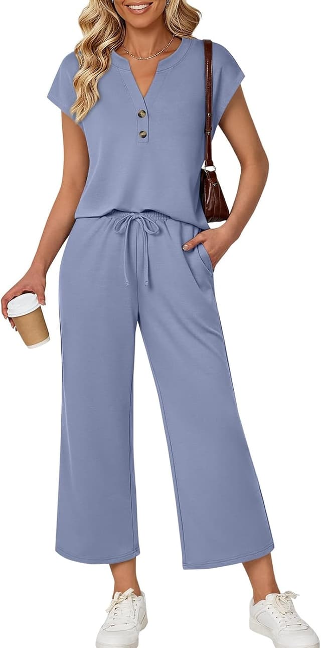 Thumbnail 6 de LILLUSORY Two-Piece Lounge Set for Women (V-Neck Top + Cropped Wide-Leg Pants)