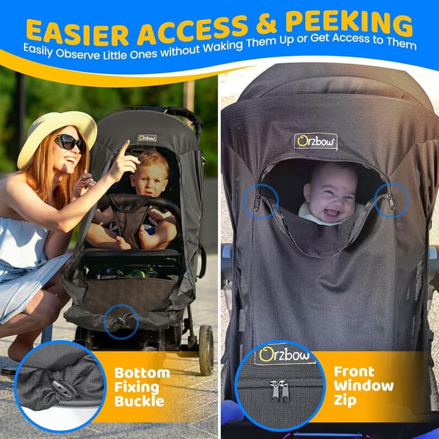 Detalle de Orzbow Universal Pram Sun Shade with Zip Window (UPF 50+, blocks 99% UV) – Black