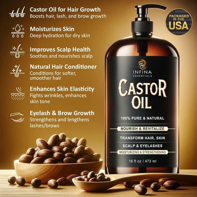 Detalle de INFINA ESSENTIALS Pure Cold Pressed Castor Oil (Hexane Free) — 16 fl oz Glass Bottle for Hair, Scalp, Skin & Eyelashes
