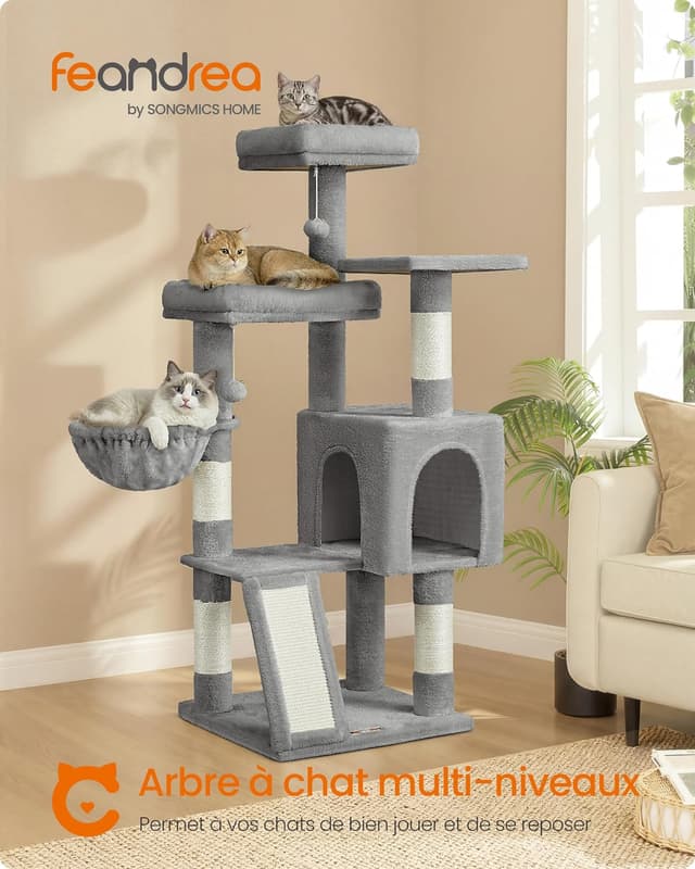 Detalle de Feandrea Arbre à Chat PCT012GD01 : tour intérieure avec 3 plateformes, niche et poteaux à griffer