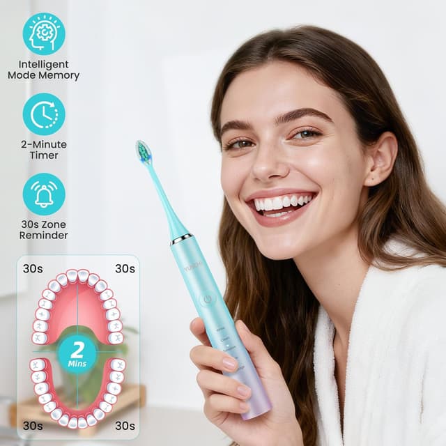 Detalle 2 de YUNCHI Y7 Blue USB-C rechargeable sonic toothbrush with 5 modes, 2-minute smart timer, 8 brush heads and travel case