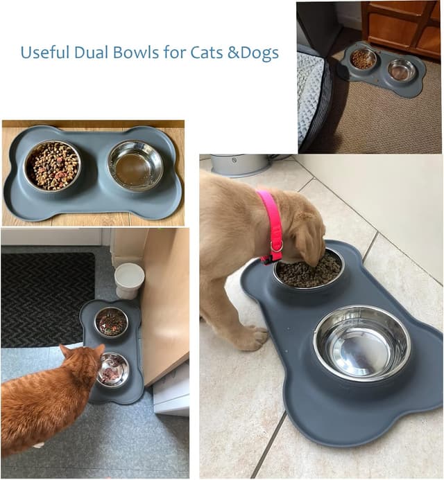 Detalle de Stainless steel dual pet bowl set for small dogs and cats (double bowls with non-spill, non-slip silicone mats)