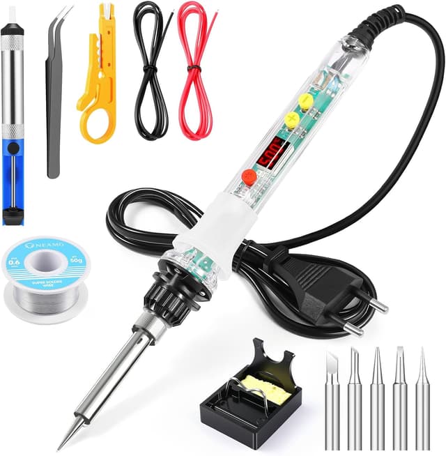 Detalle de Kit fer à souder OneAmg 80 W à température réglable 180–500 °C (5 pannes) avec fil, pompe à dessouder et accessoires