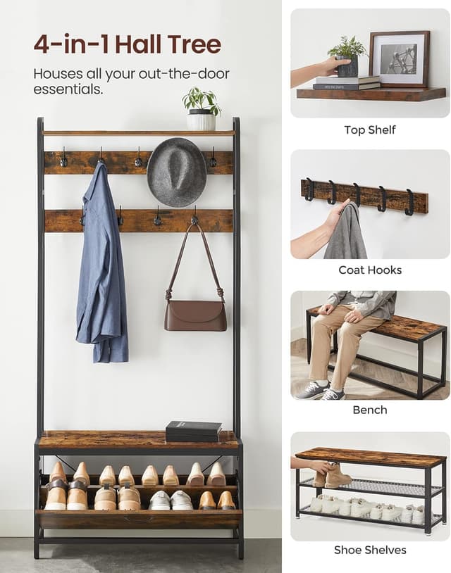 Detalle 2 de VASAGLE HSR405B01 appendiabiti con scarpiera e panca 9 ganci