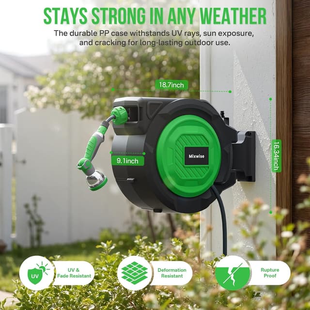 Detalle de Mixwise Retractable Garden Hose Reel (1/2 in x 30m + 2m) with 180° Swivel Bracket & 10-Pattern Nozzle
