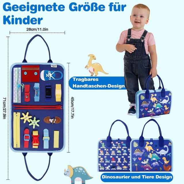 Detalle 2 de JHkim Montessori Busy Board (Deutsch) für Kinder ab 1–4 Jahre – Motorikbrett für Reise, Auto & Flugzeug