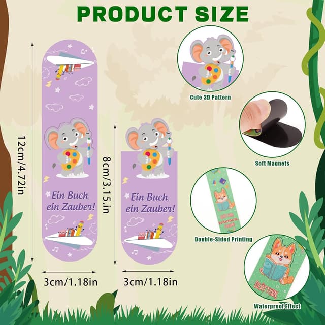 Detalle de 12 magnetische Lesezeichen für Kinder mit Tiermotiven – 12er Set für Schultüte & Kindergeburtstag