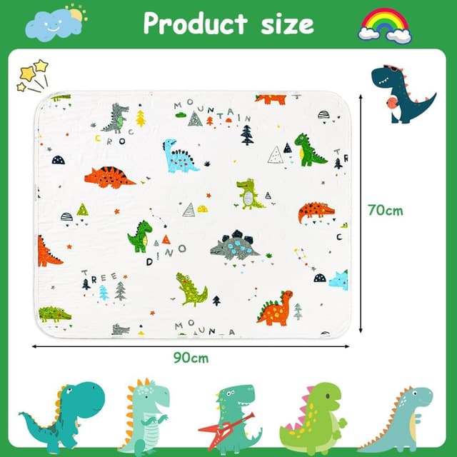 Detalle de Aolso Potty Training Mattress Protector (Dinosaur) – Waterproof washable underlay, 70 x 90 cm for cot beds