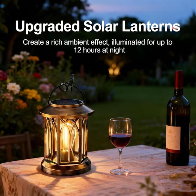 Detalle de BUCASA Solar Lanterns Outdoor Garden Lights (2-pack) – Retro hexagon hanging solar ornaments in bronze