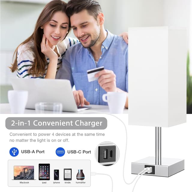 Detalle 2 de Aooshine Bedside Lamp with Touch Control and Dual USB A+C Charging (3-way dimmable, white fabric shade)