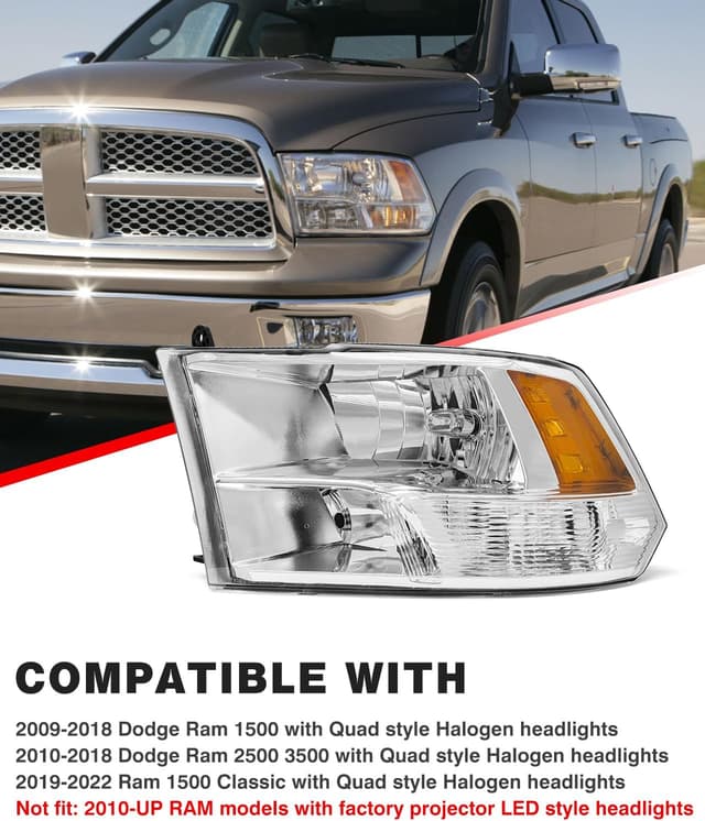 Detalle de ADCARLIGHTS Headlight Assembly Replacement for 2010–2018 Dodge Ram (Chrome Housing, Amber Reflector)