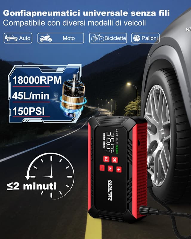 Detalle de OGORI NEW Booster Avviamento Auto con Compressore e Torcia LED da 12V (7000A)