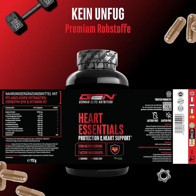 Detalle 2 de Heart Essentials Herz-Komplex von German Elite Nutrition – 120 vegane Kapseln mit Q10 & Vitamin B1