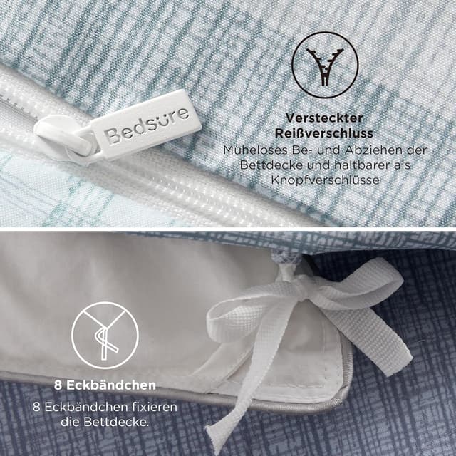 Detalle de BEDSURE Wendebettwäsche 135x200 (2-teilig) mit Kissenbezug 80x80 – Blaues Buffalo-Karo mit Reißverschluss